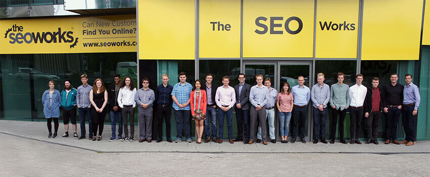 The SEO Works team stood outside our old office building in Sheffield