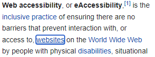 The Wikipedia page on web accessibility with ‘websites’ highlighted by a focus indicator