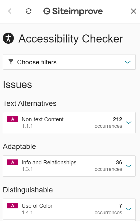 SiteImprove tool showing different accessibility metrics