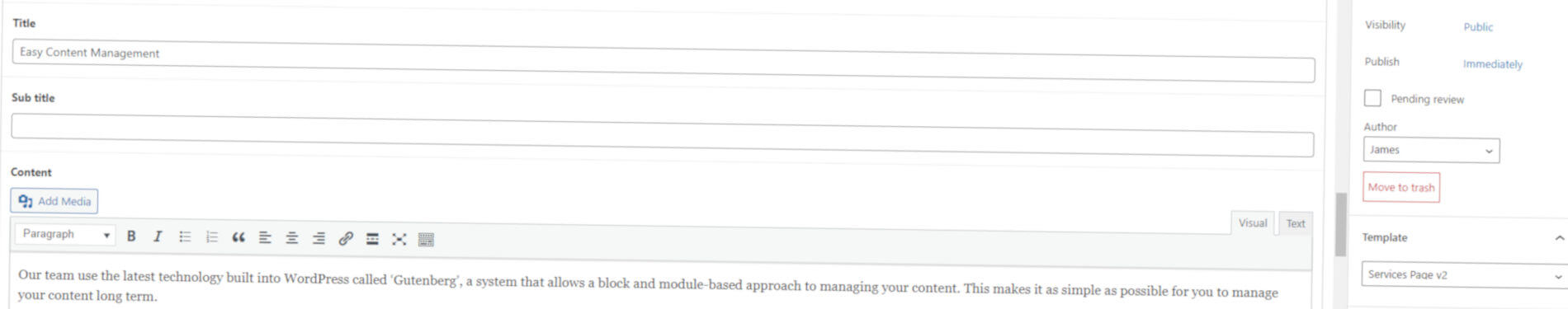 screenshot of adding content to a website via WordPress CMS