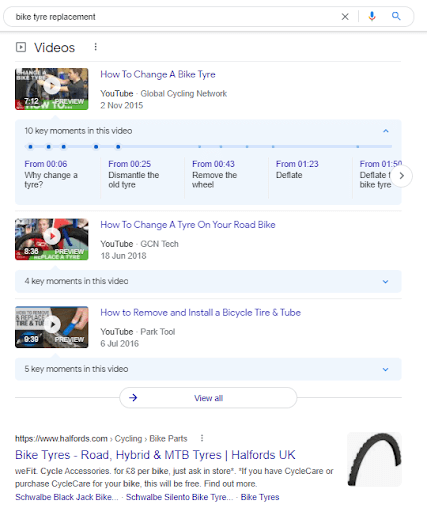 Screenshot of Google search for ‘bike tyre replacement’ with video results at the top