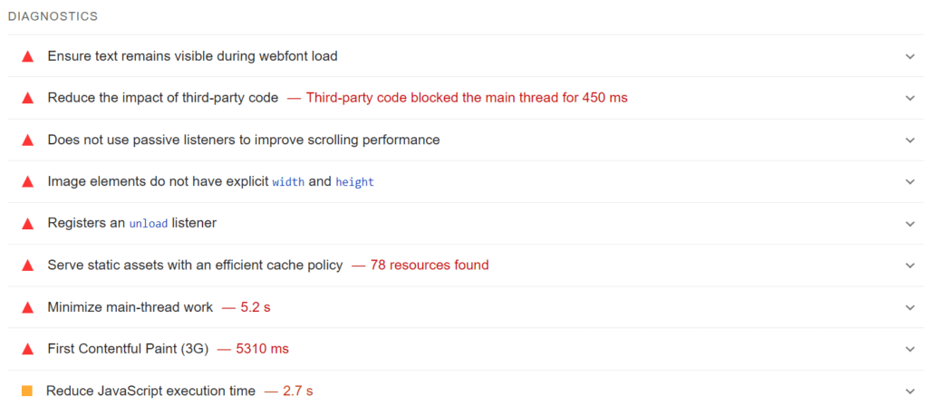 diagnostics tab within Google’s PageSpeed Insights tool