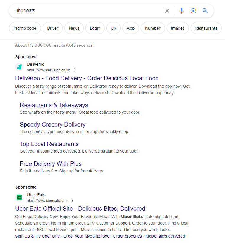 Search result example of competitive ads