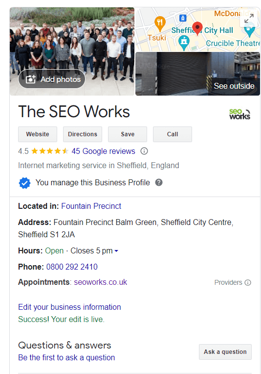 The SEO Works Google My Business profile