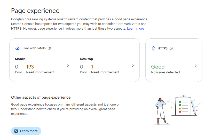Screenshot of Google Search Console's Page Experience report