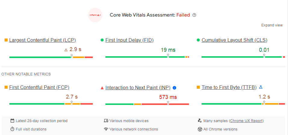 Screenshot of PageSpeed Insights, showing that Core Web Vitals has failed