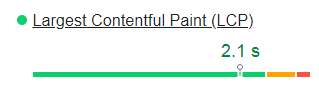 Largest Contentful Paint (LCP) Core Web Vital. Score of 2.1 seconds is good