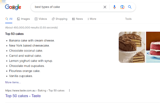 Example of featured snippet for Best types of cake